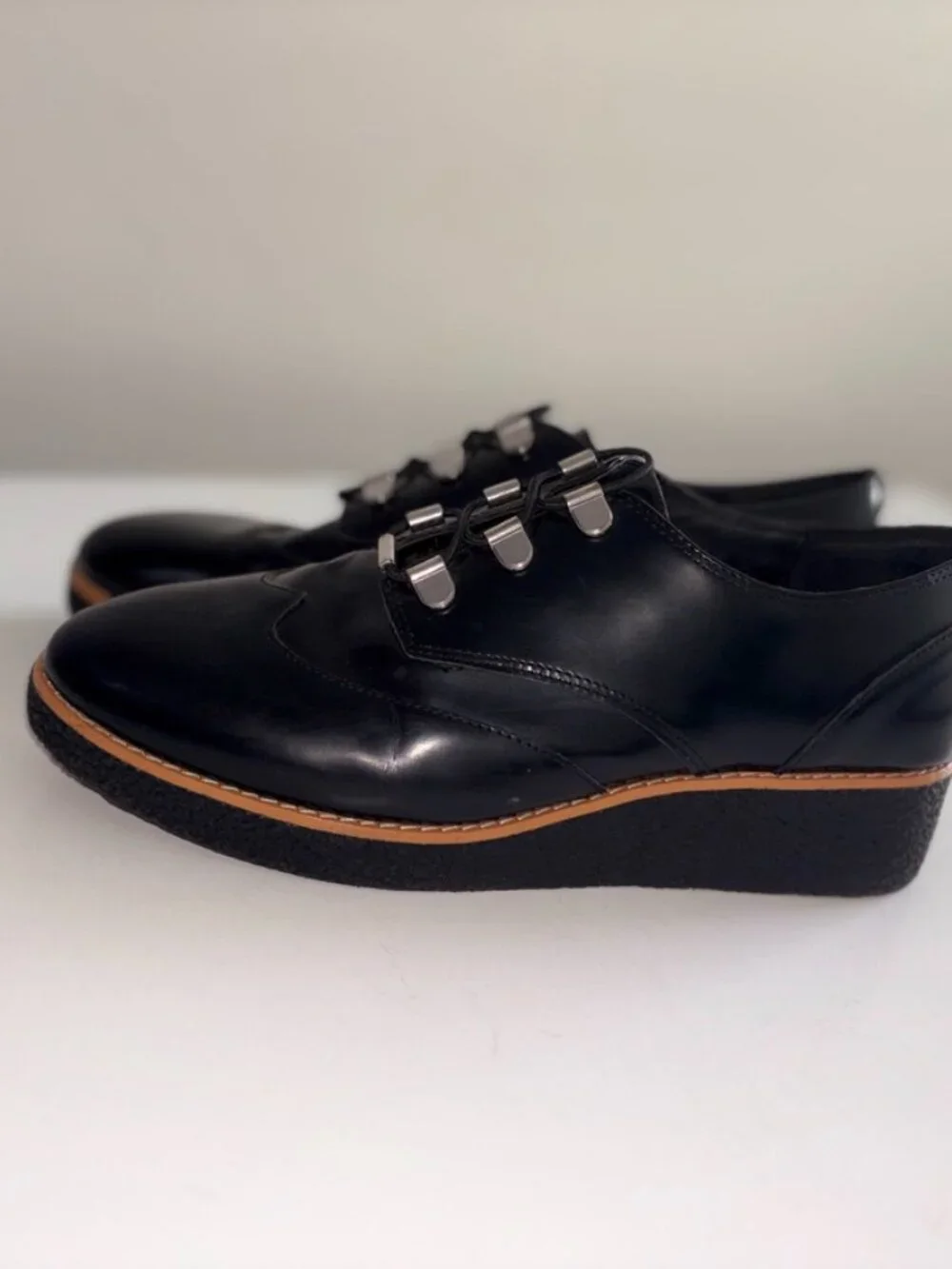 Women's Rebecca Minkoff Polly Platform Oxfords Black Leather Silver Clasps 9